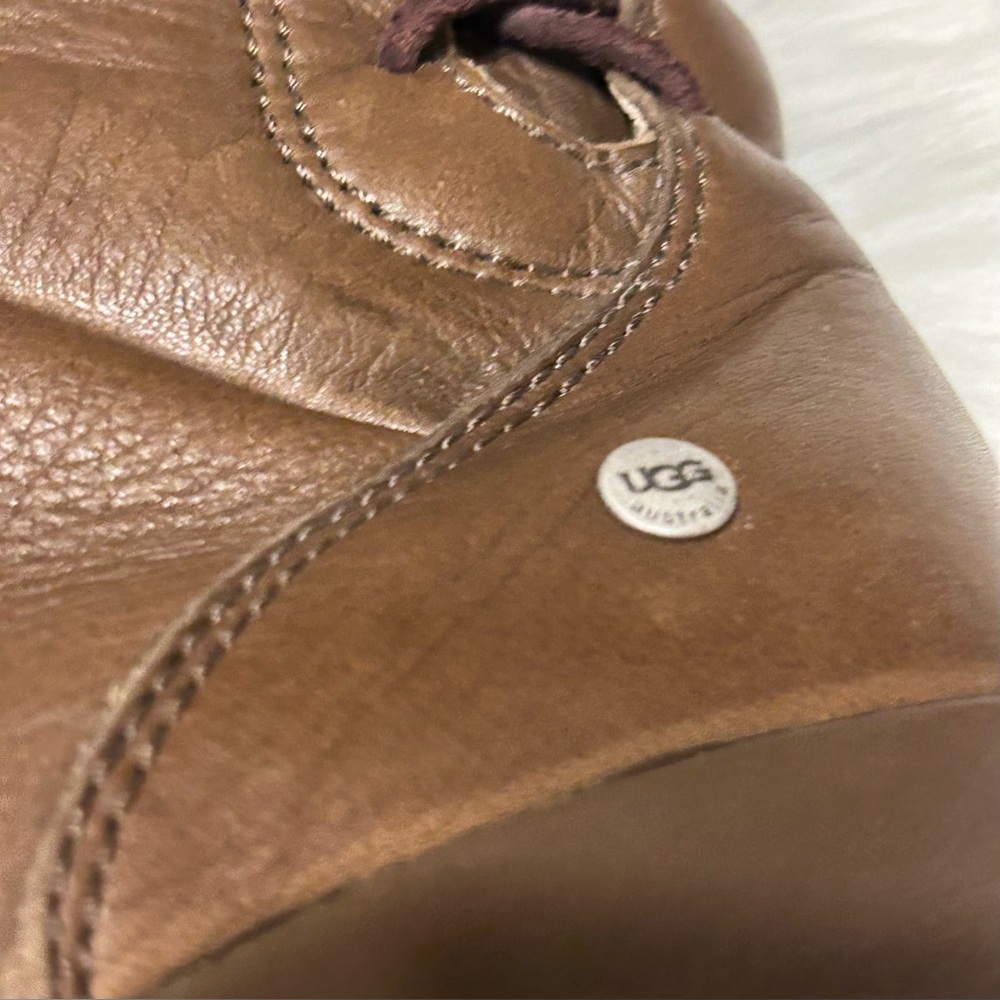 UGG Felicity Brown Shearling-Lined Mid Calf Lace Leather Wedge Boots - Picture 4 of 15
